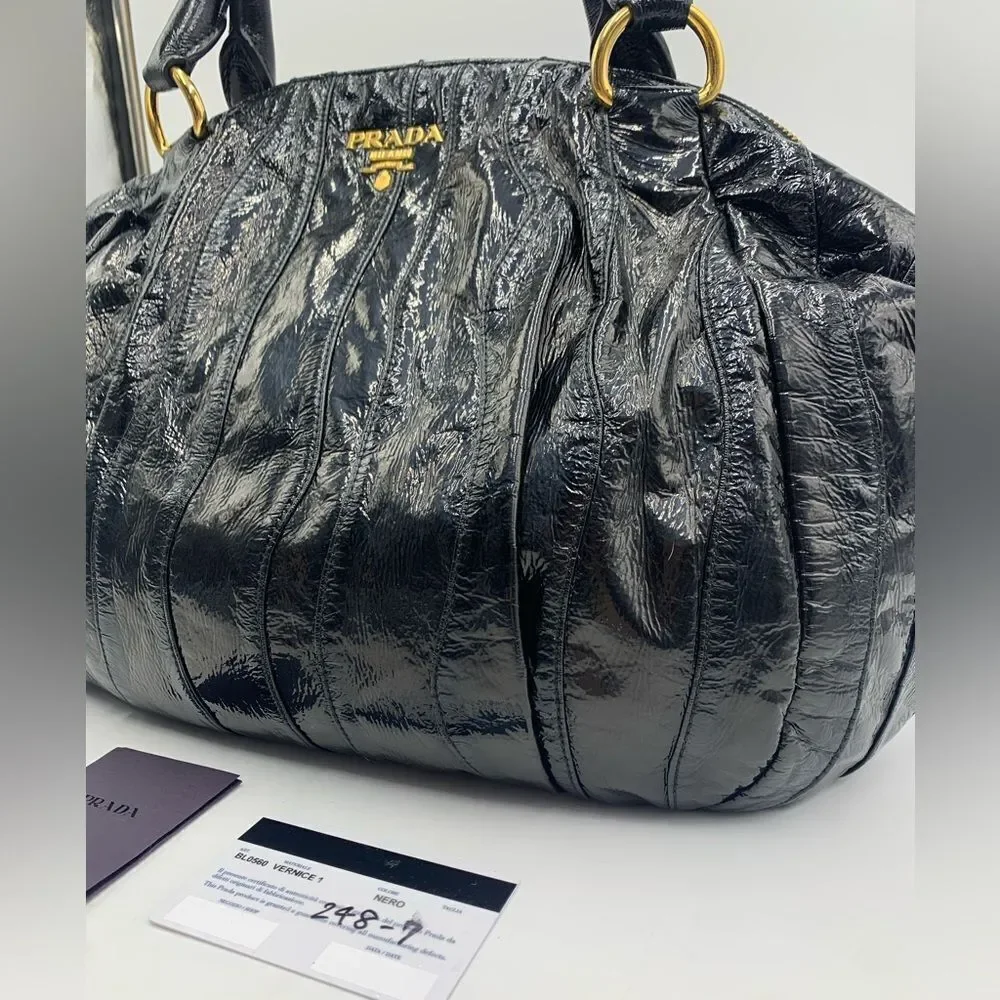Auth Prada Black Patent Leather Whipstitch Tonal Stripe Satchel Lightweight